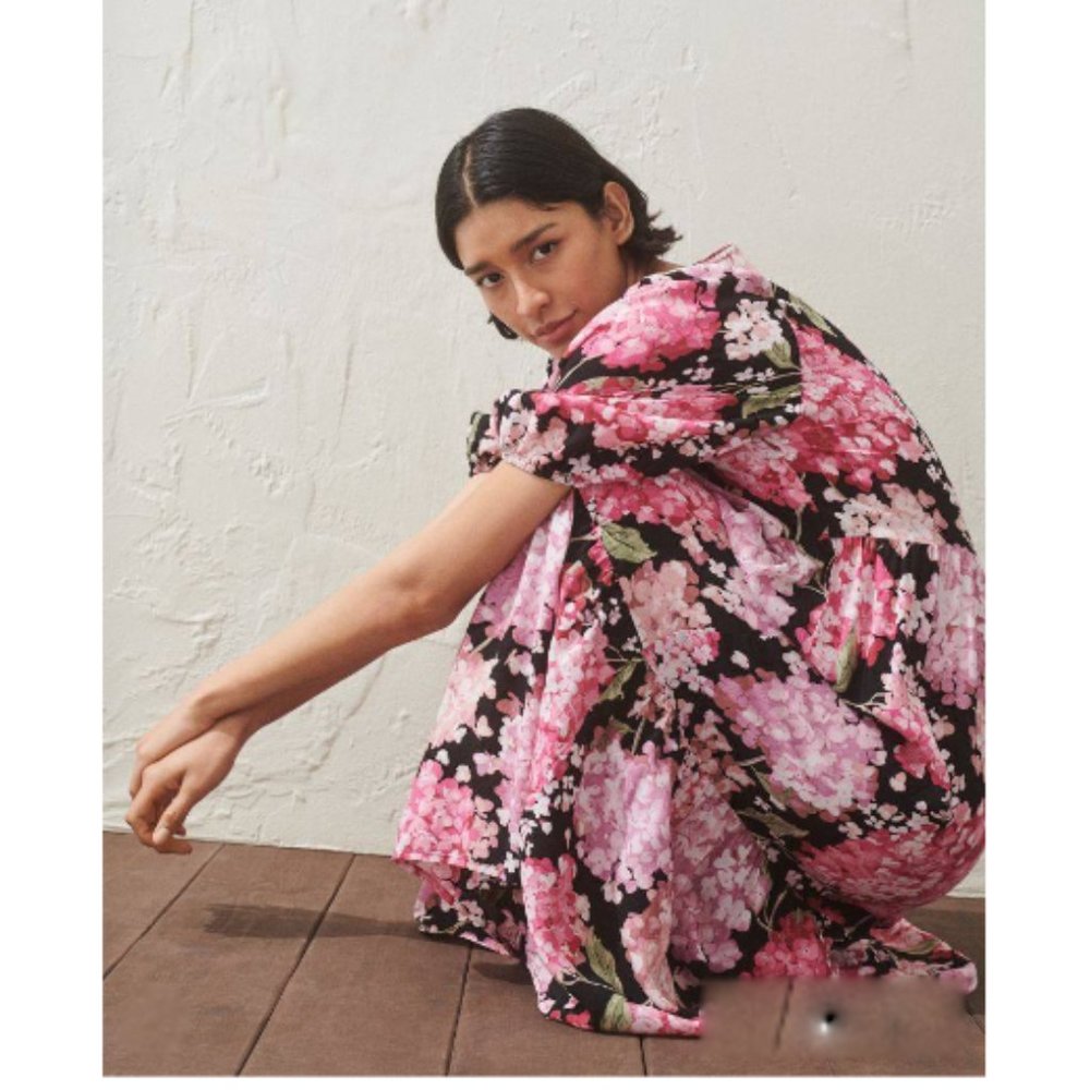 H&M black pink floral puff sleeves dress